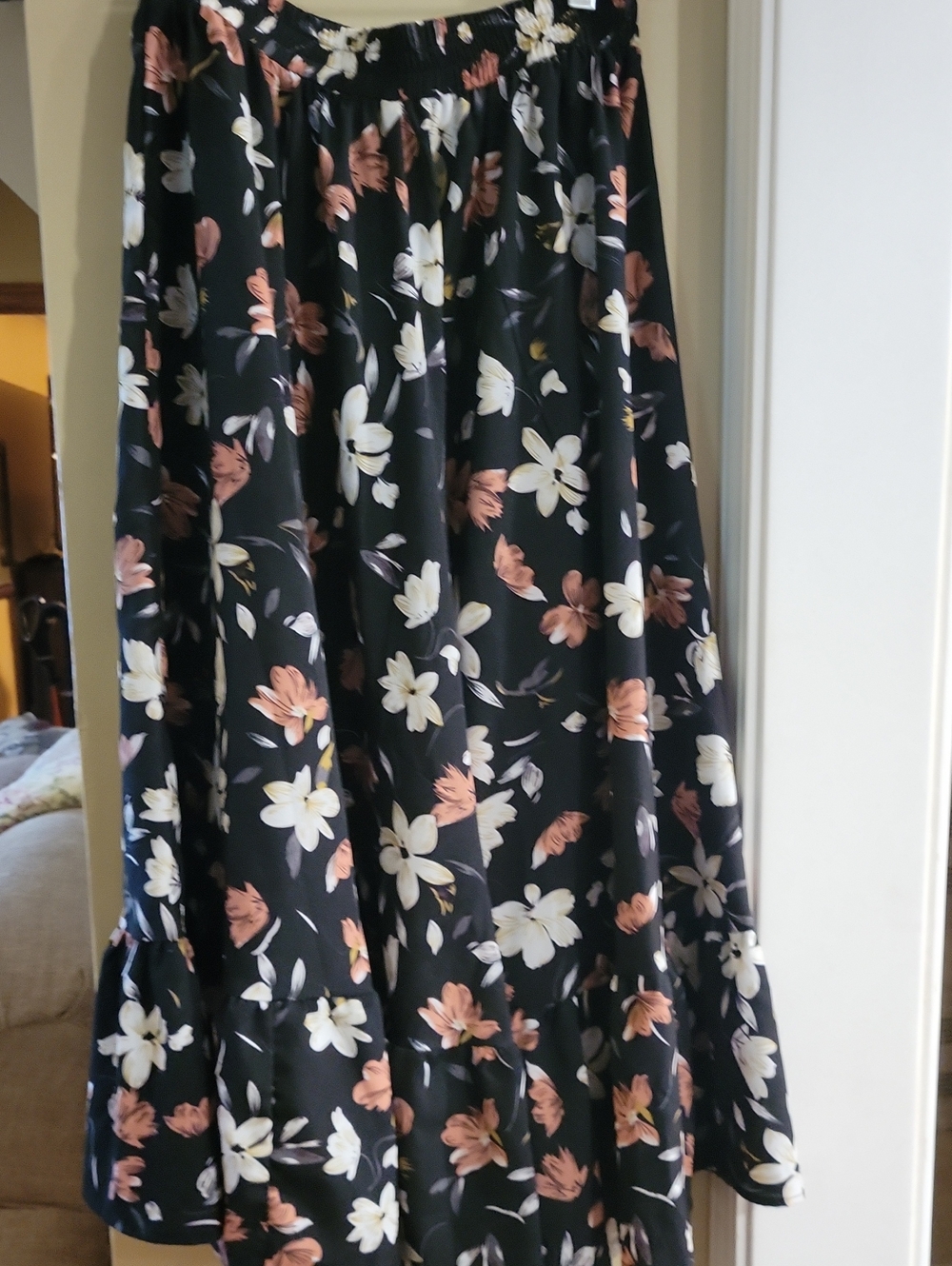 Floral Black Maxi Skirt with Peach & Cream Blooms